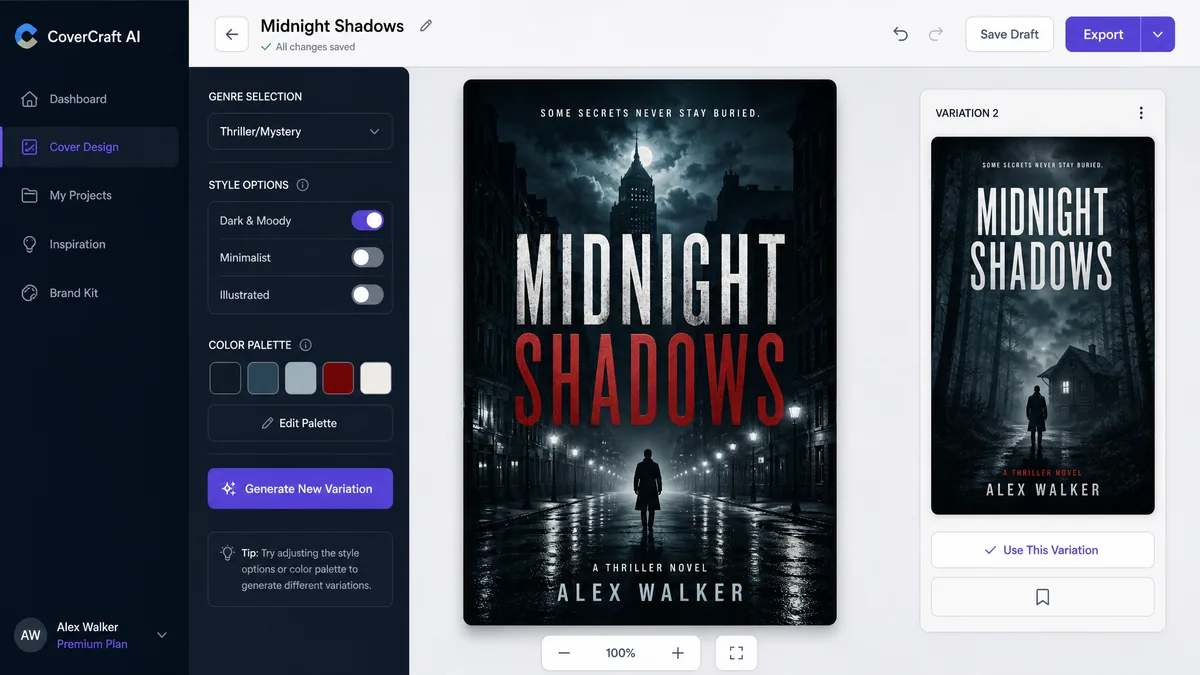 KDP Builder cover design with genre controls and style options
