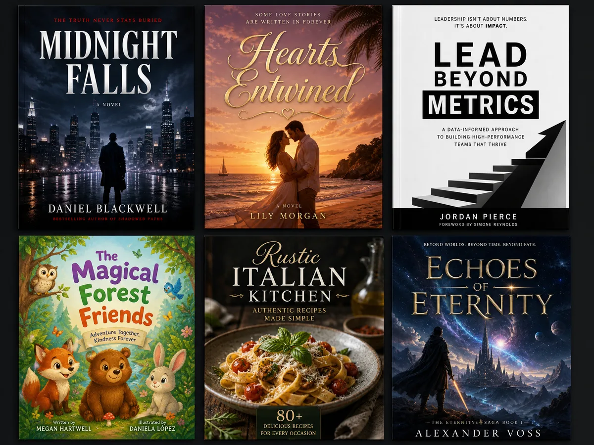 AI-generated book covers spanning thriller, romance, business, children's, cookbook, and sci-fi genres