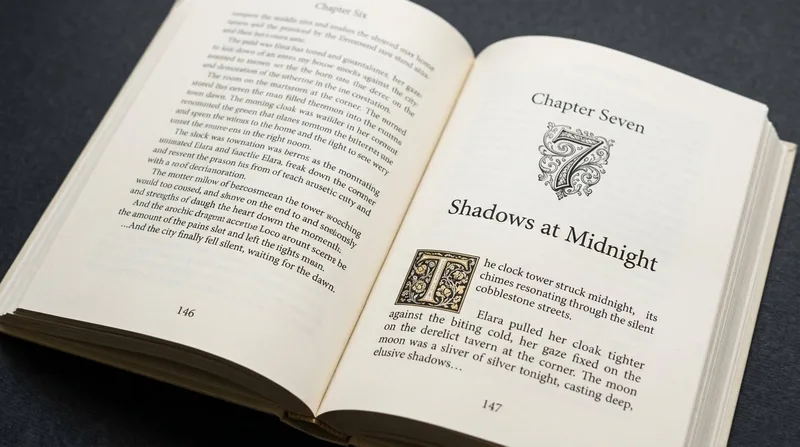 Fiction book with drop cap and ornamental chapter heading