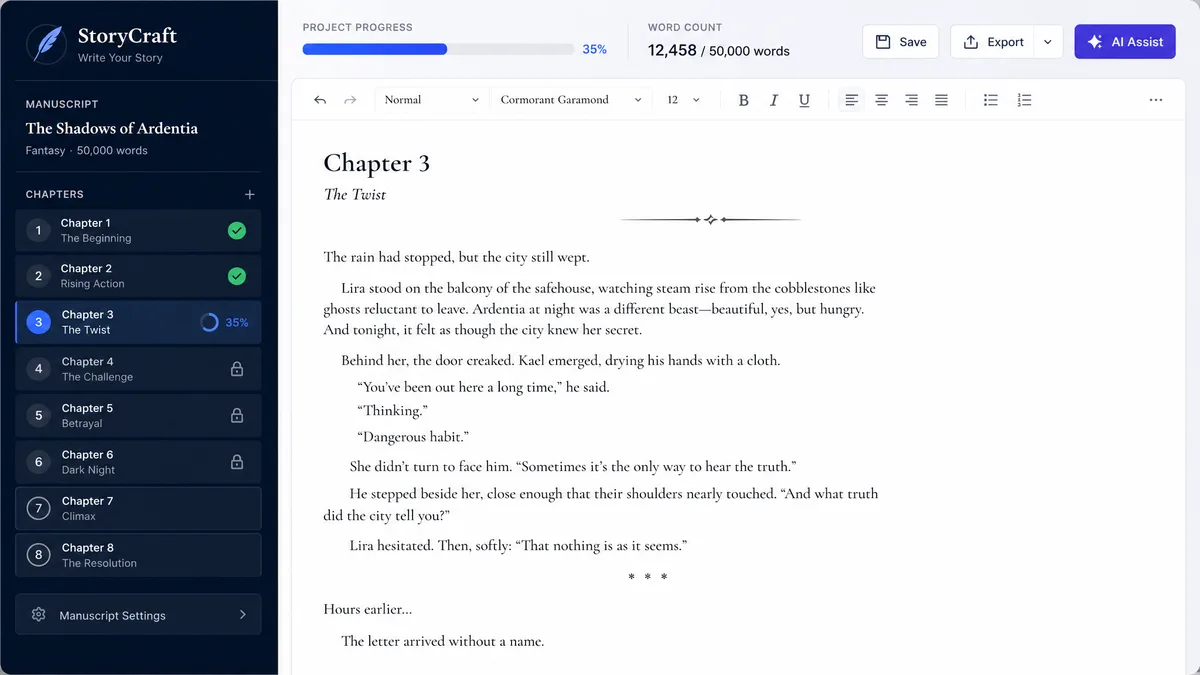KDP Builder manuscript editor showing chapter navigation and formatted text